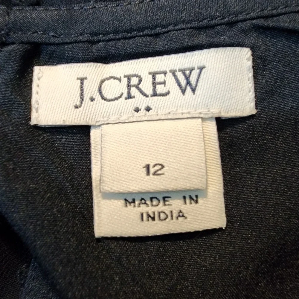 J.CREW Size 12 Navy Blue French Dot Pleated Ruffle Sheer Sleeve Keyhole Blouse‎
